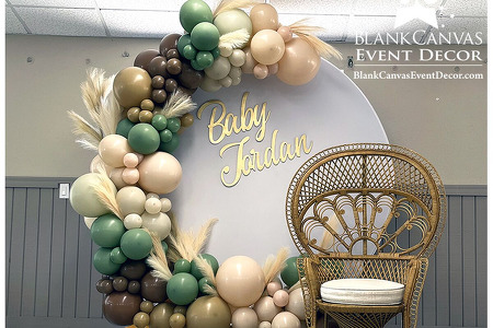 Boho Baby Shower Balloon Garland Arch in Eucalyptus, Sand, Cameo, Latte and Mocha with White Round Backdrop, and Custom Sign, In Melbourne Fl at Front Street by Blank Canvas Event Decor