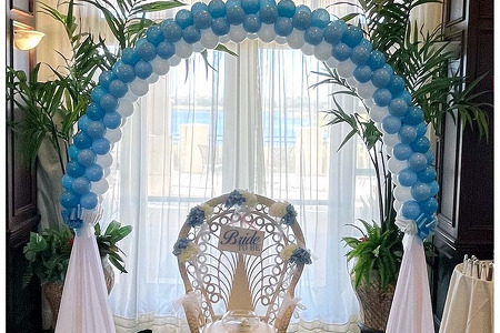 Delicate Bridal Shower Balloon Arch in Light Blue and White with White Fabric Draped Legs in Viera FL