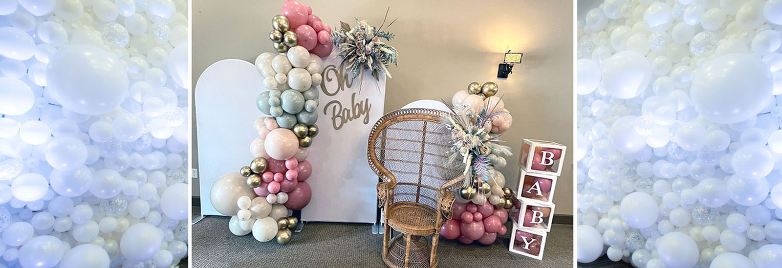 Oh Baby Boho Baby Shower backdrop with Organic Balloon Garland and Pampas Grass in Indian Harbor Beach by Blank Canvas Event Decor