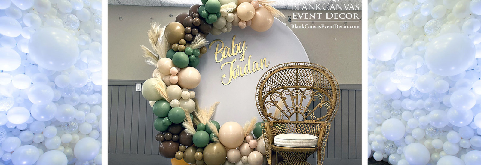  Boho Baby Shower backdrop with Organic Balloon Garland and Pampas Grass  Accents in colors of eucalyptus, mocha, latte, sand, and cameo  at Front Street Civic Center in Melbourne FL by Blank Canvas Event Decor