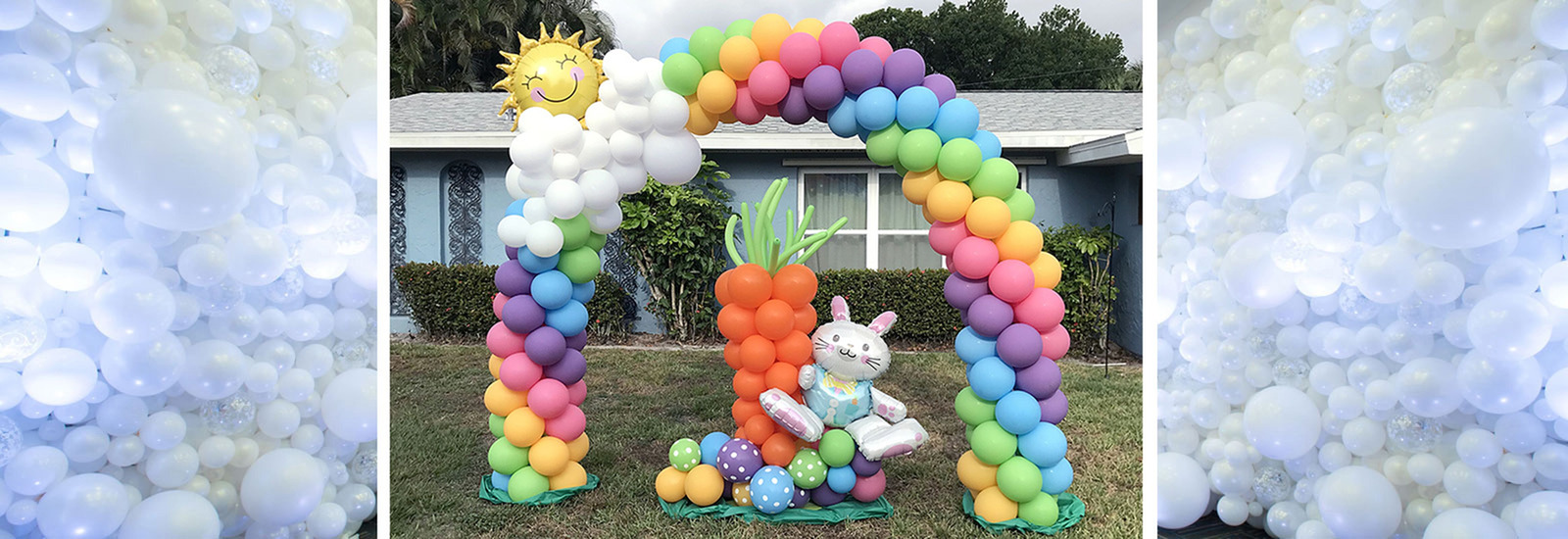 Easter Balloons- Rainbow Arch with clouds and sun. Easter Bunny with carrot and eggs balloon sculpture