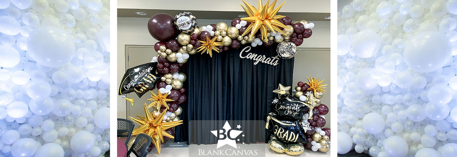 Graduation Organic Balloon Garland with Backdrop, Graduation Cap Balloon Sculpture and Congrats foils in burgundy, gold and white for FIT Graduation