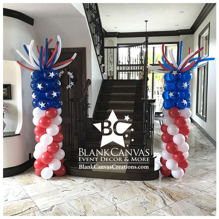 Red White and Blue Fourth of July Balloon Columns with Firework Spray Toppers at a home in Indian Harbor Beach FL