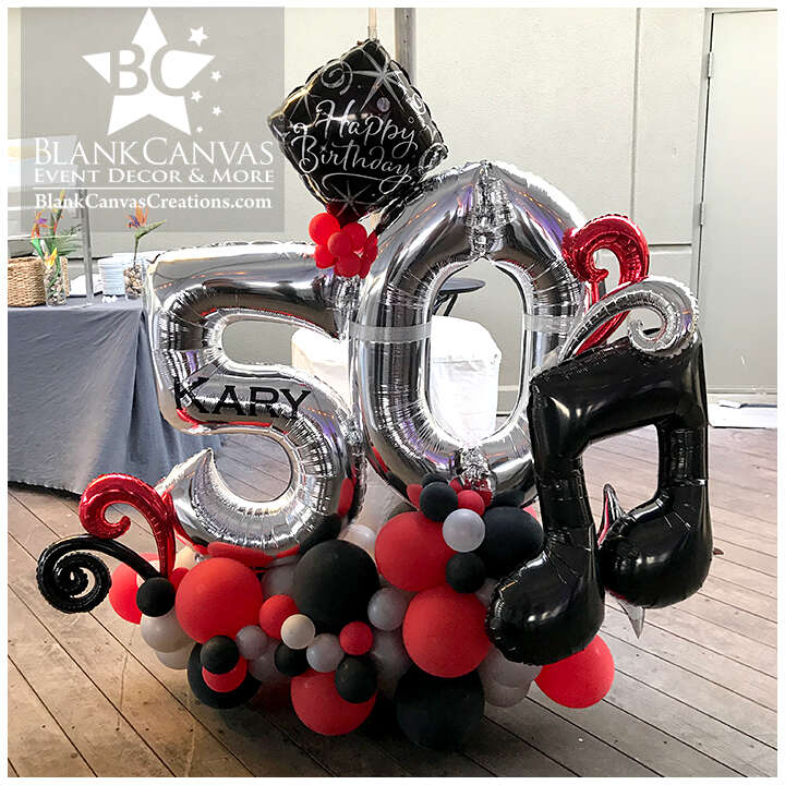 50th Birthday Deluxe Balloon Billboard with red, black and silver latex balloons, large silver 50 foils, Happy Birthday Foil and large music note