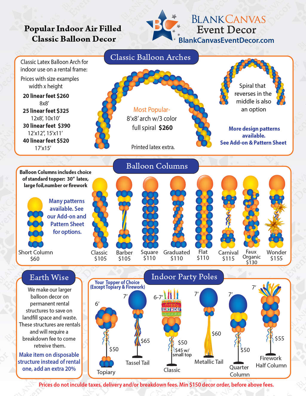 Blank Canvas Balloon Décor Classic Indoor Price Menu Brevard & Melbourne FL
