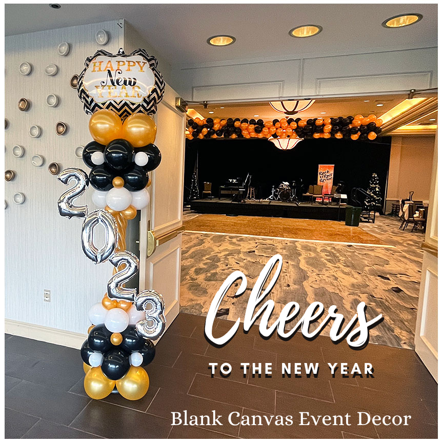 2023 New Years Balloon Column and Balloon Drop In Gold Black, White, Silver at Hilton Rialto Melbourne FL