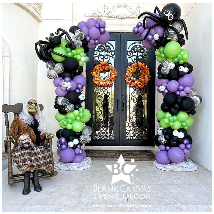 Halloween Orgnaic Style Balloon Columns with eyeball and spider balloons in lilac, lime and black at a home in Viera Melbourne FL
