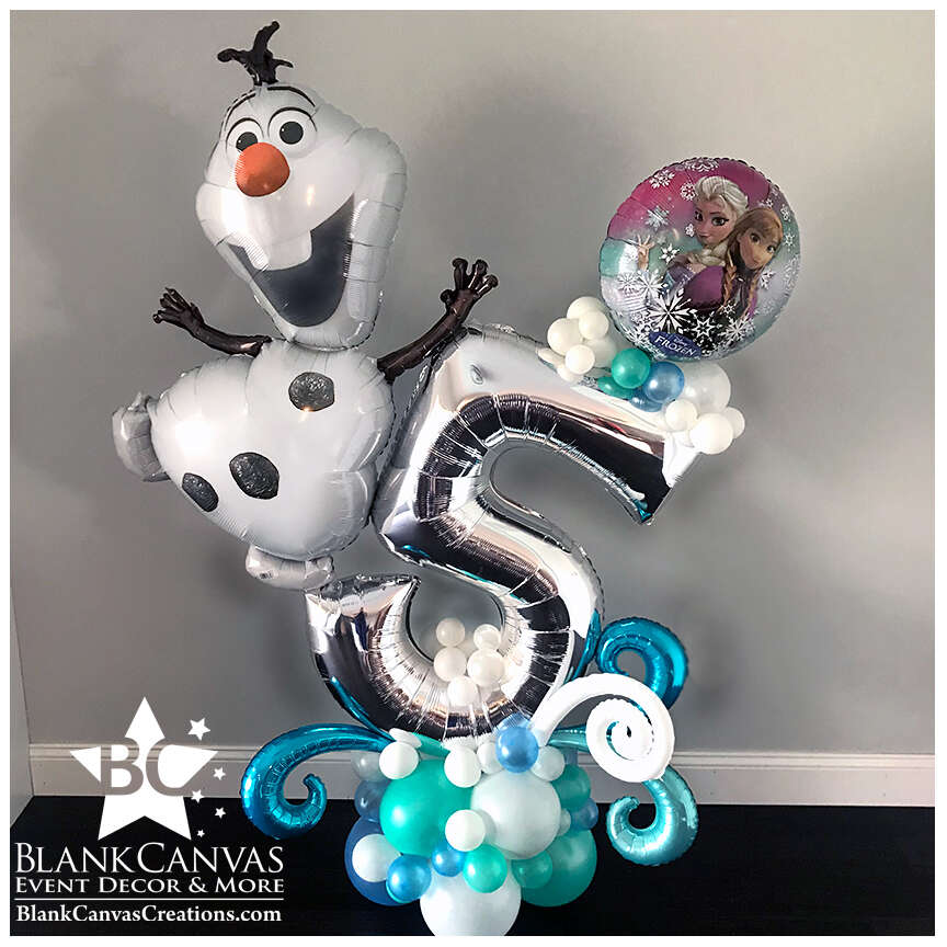 5th Birthday Deluxe Balloon Billboard with a large Olaf From Frozen, Large Silver #5, Frozen Happy Birthday Balloon, 